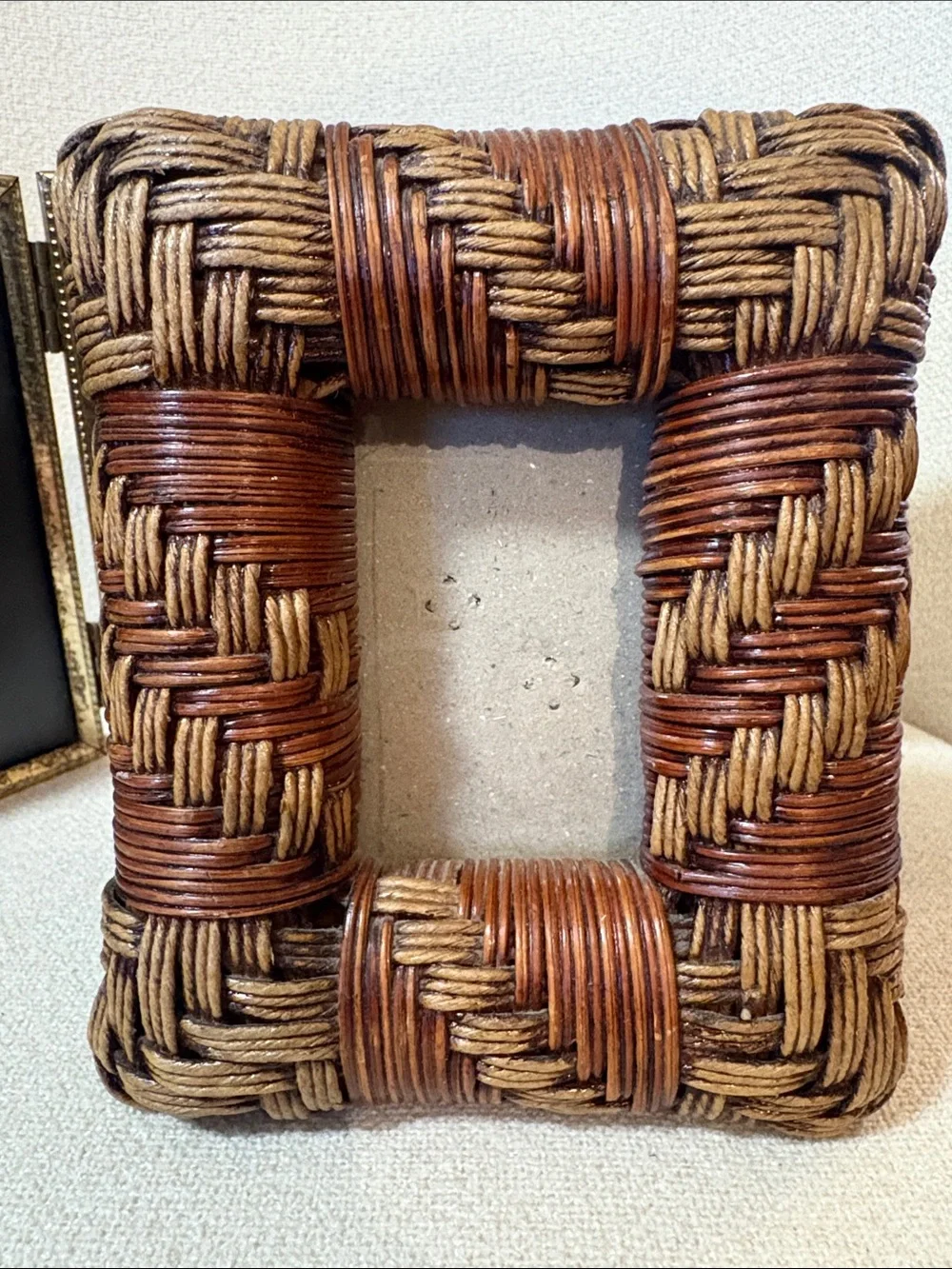 Set of Woven Rattan & 3 window gold Photo Frame
